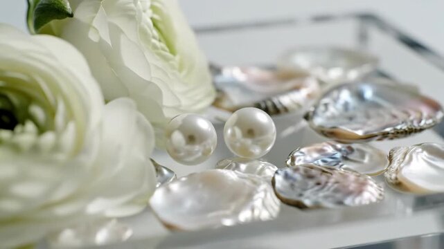 White pearls and iridescent shells. Arranged with delicate ranunculus flowers on a reflective surface. Evoking luxury, natural beauty, and spring elegance. Cosmetic and jewelry display