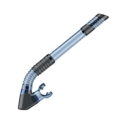 Transparent blue and gray snorkel tube with ribbed flexible connector and mouthpiece isolated on a transparent background