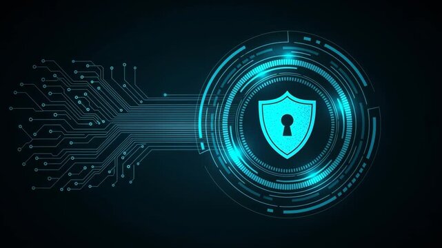Cybersecurity video shows dynamic digital shield safeguarding data in connected network, ideal for tech, security, and innovation promos