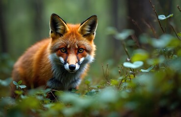 Fototapeta premium Red fox in forest. Orange fur animal stands in green plants. Wild mammal looks at camera. Beautiful predator in natural eco habitat. Wildlife animal in wood