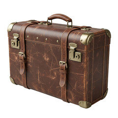 Vintage brown leather suitcase with brass hardware and buckle straps isolated on a transparent background