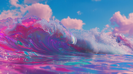 A vibrant, iridescent wave crashing in the ocean with a surreal sky featuring pastel pink clouds and a bright blue sky