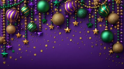 Festive purple background with hanging colorful ornaments and golden stars; party theme