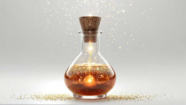 Magisches Elixier in einer Glasflasche mit goldenem Glitzereffekt