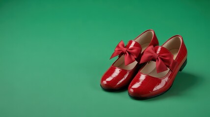 Red patent leather Mary Jane shoes with bows on green background