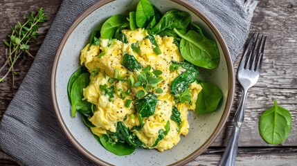 Scrambled eggs with fresh spinach and herbs in a bowl on a rustic wooden table