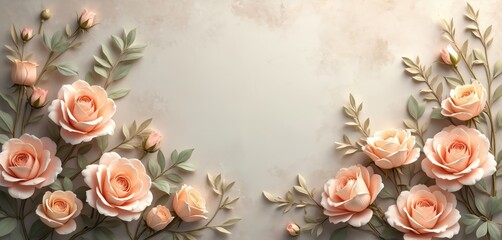 Floral arrangement with peach roses and green leaves on textured background. Beautiful blossoms create romantic aesthetic for design. Perfect for wedding invitations cards or backgrounds.