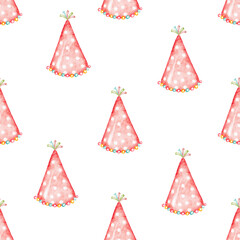 Pink birthday celebration hats watercolor pattern on white background, wrapping paper design.