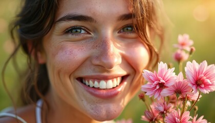 Close up photo of a joyful woman smiling. Pretty girl with green eyes and freckles. She holds fresh flowers outdoors. Expression of happiness and natural beauty
