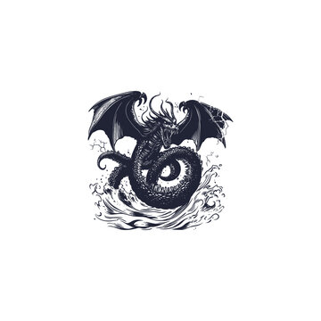 Giant sea dragon or leviathan emerging from stormy waves hand drawn vintage illustration