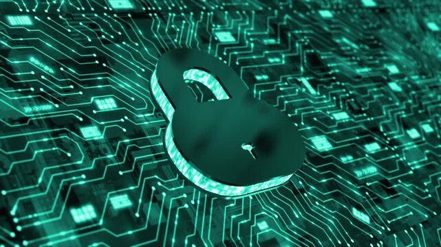 Cyan color data protection microchip glowing data transfer cyber security 3d lock hi tech design black technology background