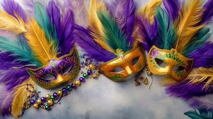 Colorful Mardi Gras carnival masks decorated with vibrant purple, green, and gold feathers, festive masquerade background with beads, and luxury textures, perfect for Mardi Gras banners