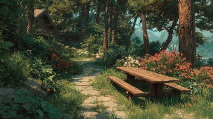 Obraz premium Wooden picnic table in forest garden path