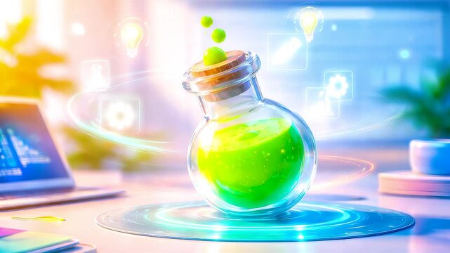 Glowing green laboratory potion on modern workspace showing chemical experiment, sustainable science research and innovative energy solution