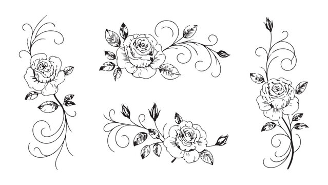 Black and white floral rose corners with elegant vine flourishes and decorative botanical ornaments