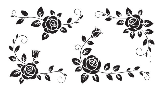 Dainty floral circle borders with thin line rose sketches and hand drawn botanical laurel wreaths set