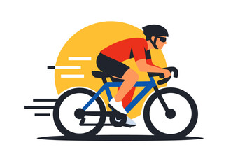 Fototapeta premium Male cyclist in red jersey riding bicycle against yellow circle background