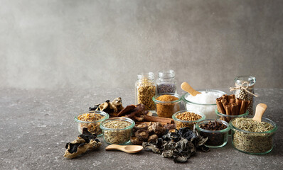 Various spices, dried mushrooms, salt and pepper