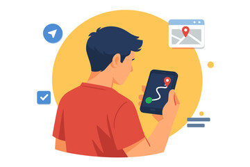 Young asian male using smartphone for navigation with digital map