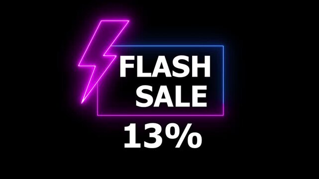 Flash sale neon light sign, purple and blue colors, Glowing neon line of FLASH SALE 13% sign banner for promo video. Shopping, great discount and clearance, social media, communication.