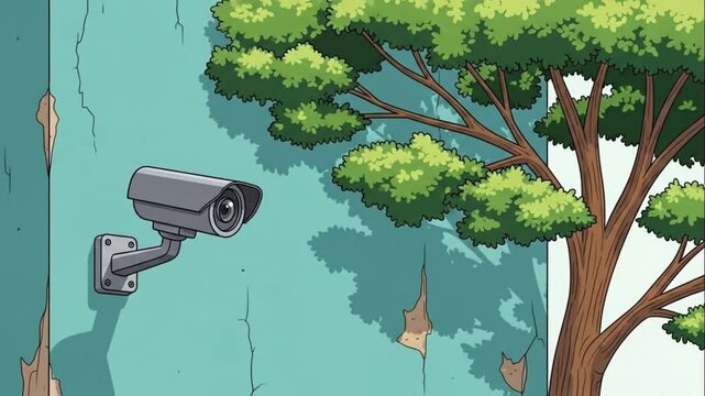 Security Camera on Weathered Wall Next to Large Tree Cartoon Style