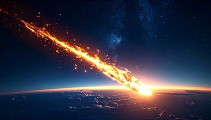 A massive meteor streaks across the sky, illuminating the Earth's atmosphere from space with a bright fiery trail.