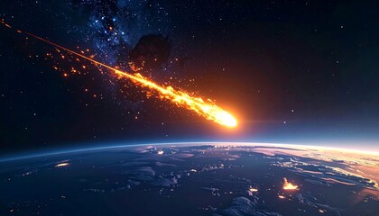 A massive asteroid streaks across the sky, entering Earth's atmosphere with fiery intensity from a distant viewpoint in space.