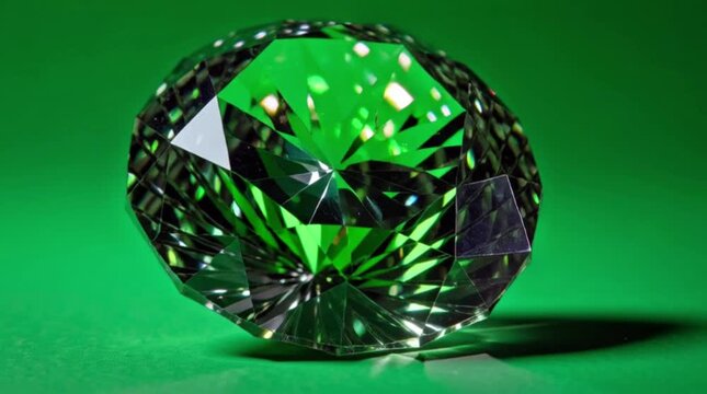 Close-up shot of a sparkling green gemstone with a faceted cut against a vibrant green background.