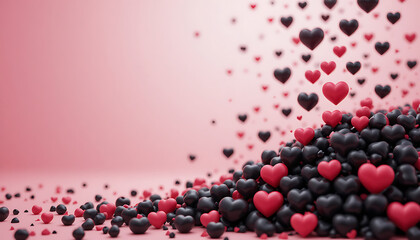 Vibrant red and black hearts scattered on pink background