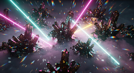 Luminous Crystal Spectrum: A celestial landscape features radiant crystal formations, interwoven with vibrant laser beams. This composition explores the interplay of light and substance.