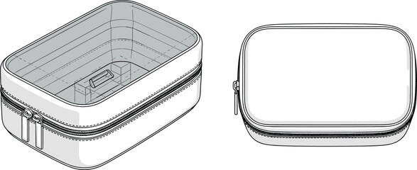 Blank rectangular zipper pouch vector template, technical drawing of travel organizer bag isolated on white background for product design. © BIPUL