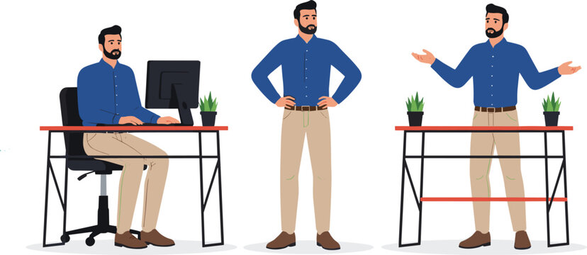 Businessman Character Poses in Office Workspace Showing Working, Standing, and Presenting Gestures for Corporate, Professional, and Workplace Concepts Flat Vector Illustration