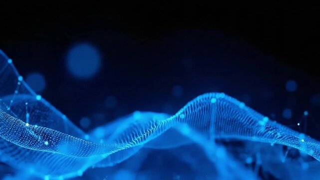 Dynamic blue digital wave flowing through a dark abstract background, representing data visualization, network connections, and futuristic technological concepts with glowing particles