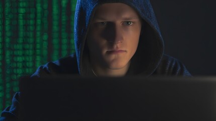 Focused young man immersed in digital code a modern tech concept stock photo