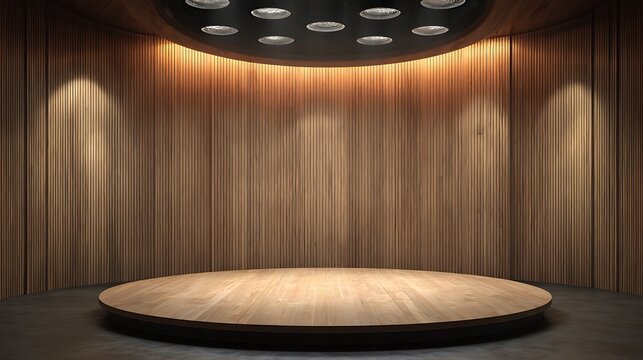 Illuminated wooden stage with a round platform and wood-paneled walls, under ceiling lights