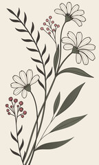 Elegant Botanical Illustration with Daisies and Berries.