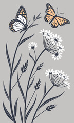 Elegant Butterflies and Wildflowers Illustration on Gray Background.