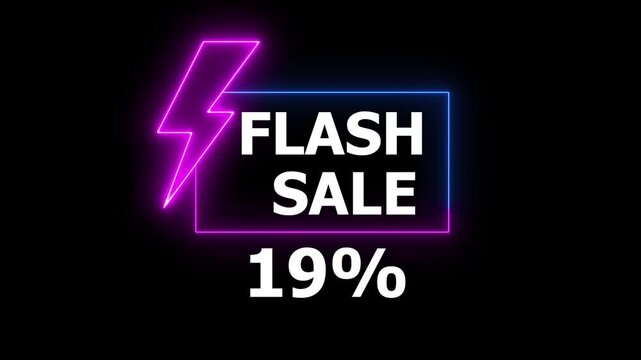 Flash sale neon light sign, purple and blue colors, Glowing neon line of FLASH SALE 19% sign banner for promo video. Shopping, great discount and clearance, social media, communication.