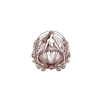 Ancient Greek goddess Venus or Aphrodite born from a sea shell vintage hand drawn illustration