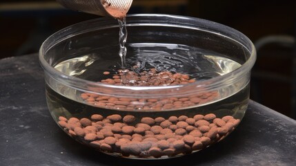 Midshot of iron oxide nanoparticles suspended in water actively binding heavy metals during advanced nanotech waste treatment process.