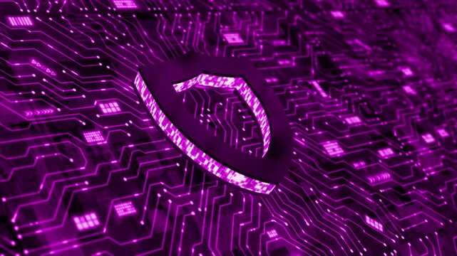 Pink color data protection microchip glowing data transfer cyber security 3d shield hi tech design black technology background