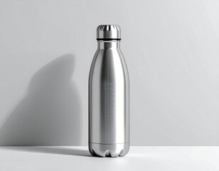 Shiny metallic water bottle standing upright on a white surface with a subtle shadow cast on a grey background