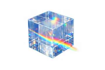 Crystal glass cube refracting rainbow light spectrum on transparent background, showcasing dispersion effect