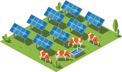 Fototapeta premium Cows grazing under solar panels farm.