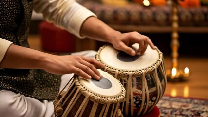 A skillful musician plays the tabla, a traditional Indian percussion instrument, showcasing technique and rhythm in a cozy and culturally rich setting with festive decorations.
