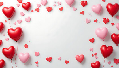 Heart balloons and paper hearts on white background for Valentine's Day