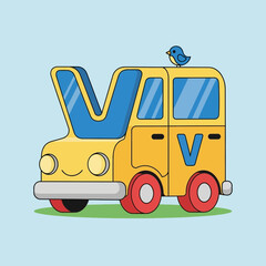 Cute Yellow Cartoon Van Letter V