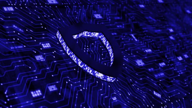 Blue color data protection microchip glowing data transfer cyber security 3d shield hi tech design black technology background