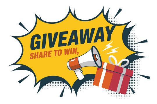 Giveaway announcement with a megaphone and a gift box to win.