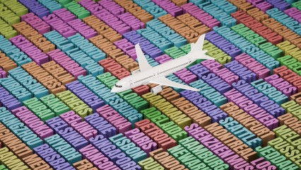 Naklejka premium Flight Industry concept. A model airplane cruising over the names of the main airport cities of the world.